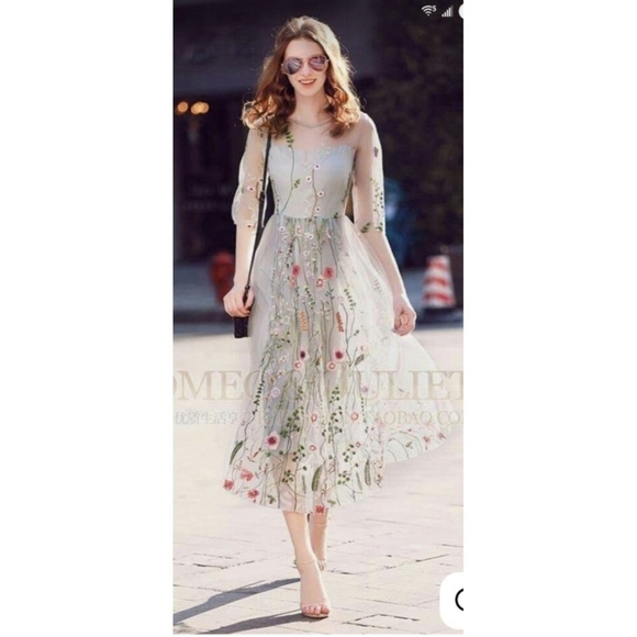 Misslook Mesh Sheer Floral Embroidered Dress Boho Cottagecore Midi 3/4 Sleeve 12 - Picture 16 of 16